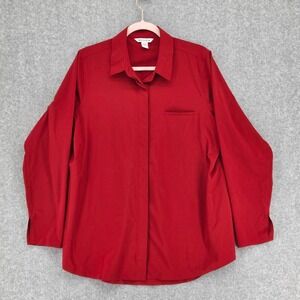 Athleta Women Large Urbanite Collared Button Up Blouse Top Red‎ Poplin Stretch